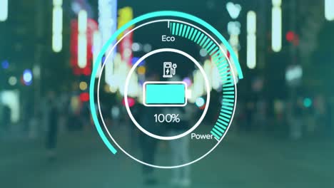 Animation-of-electric-car-speedometer-data-processing-over-city