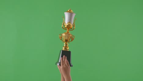 las manos levantadas de una mujer están sosteniendo un trofeo. fondo de pantalla verde