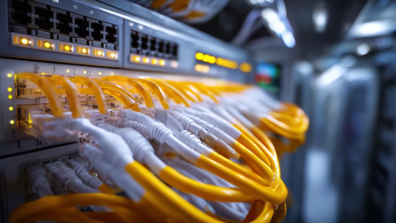 Intricate Network Connections Showcasing Yellow Ethernet Cables Intertwined With High-Tech Data Center Equipment in a Modern Server Environment