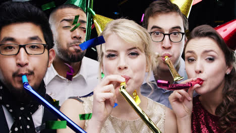 Multi-colored-mixed-race-group-people-confetti-shower-slow-motion-party-photo-booth