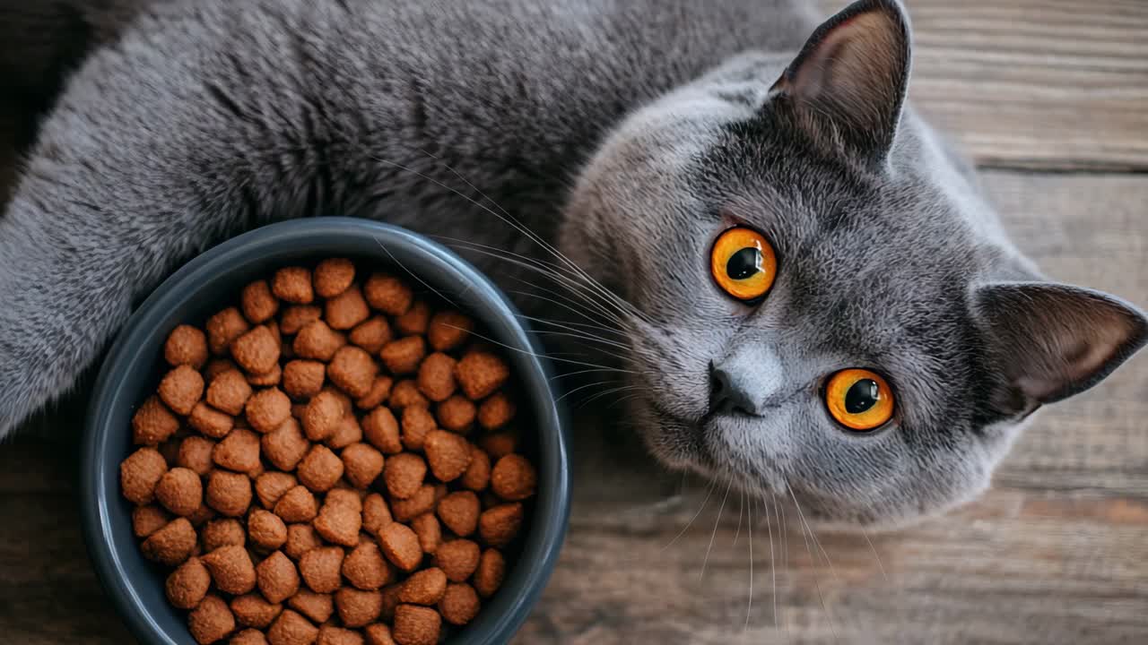 Grey British Shorthair Cat with Food Bowl