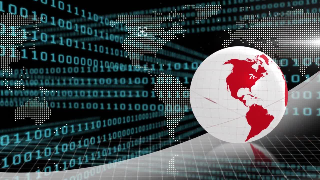 Animation of globe with world map and data processing over black background