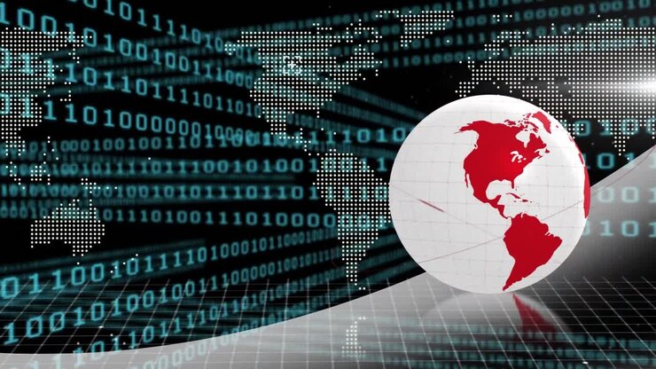 Animation of globe with world map and data processing over black background