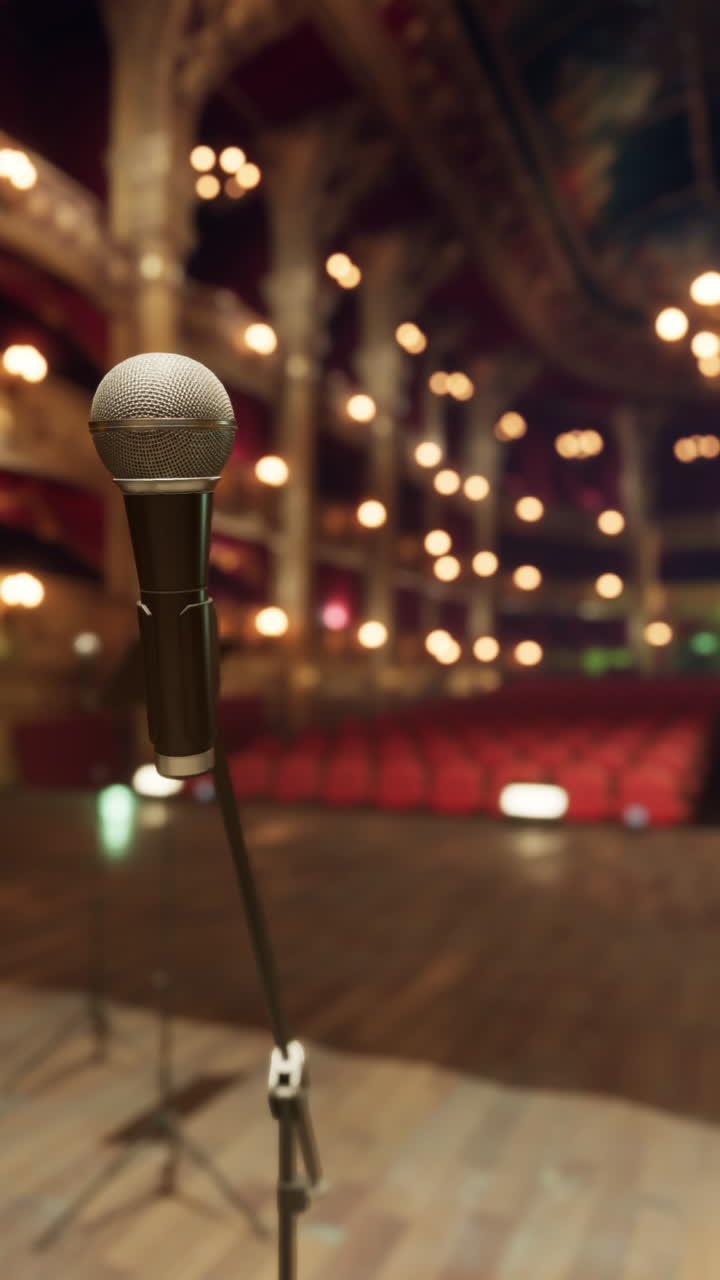 un micrófono en un soporte en un escenario en un teatro