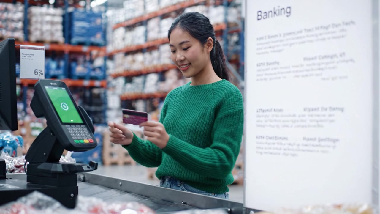 A young woman in a green sweater is happily making a payment at a self-checkout station in a grocery store, surrounded by a variety of products and bustling activity.