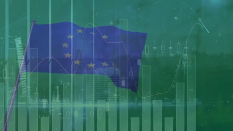 Animation-of-financial-data-and-european-union-flag-over-green-landscape