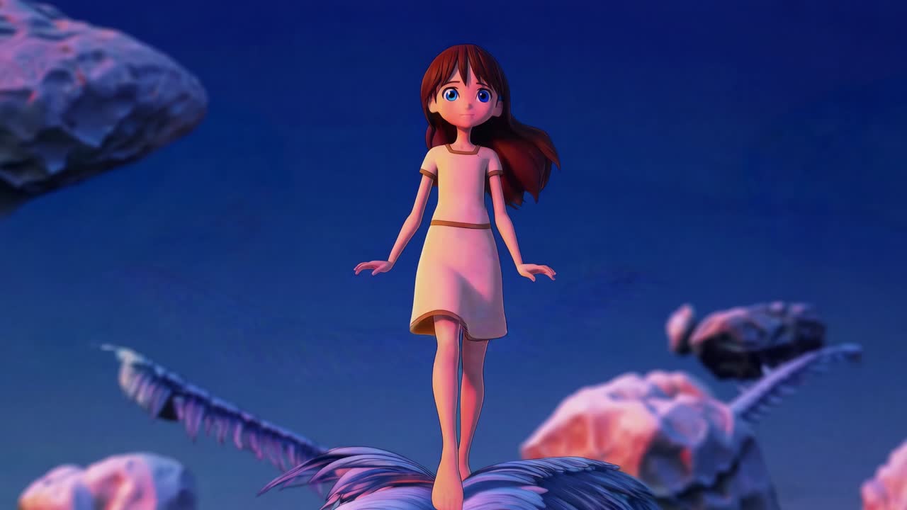 Cartoon girl with brown hair and light dress walking on a large feather in a surreal dreamlike landscape with floating rocks and feathers, in a twilight atmosphere
