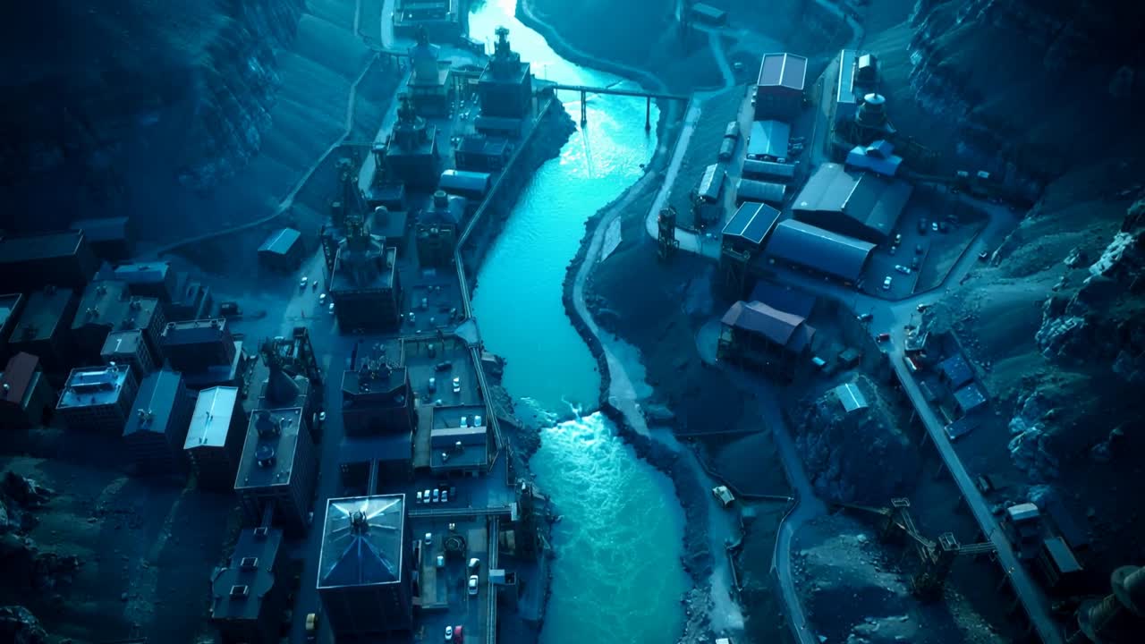 Panning aerial camera revealing turbulent turquoise river channel through canyon town, with bridge