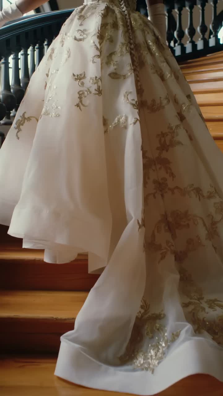Vertical video: Pullback showing lady on foyer stairs holding rail, posing in gown