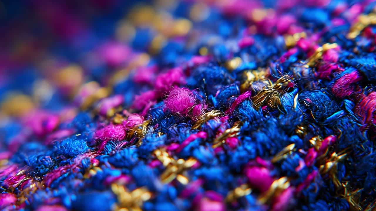A Close-Up View of Vibrant Fabric Textiles Showcasing Intricate Weaving Patterns with Lush Blue, Pink, and Gold Threads That Highlight the Richness and Depth of Textile Design and Craftsmanship