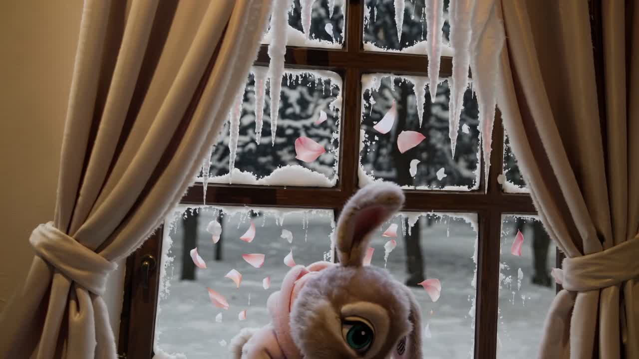 A plush bunny in pajamas sits by a snowy window with falling petals
