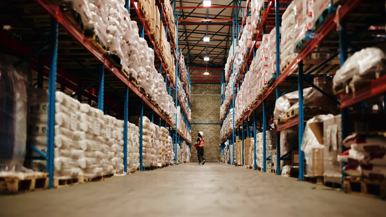 Worker Inspecting Inventory in a Large Warehouse Aisle