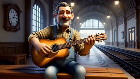 man playing guitar at a train station
