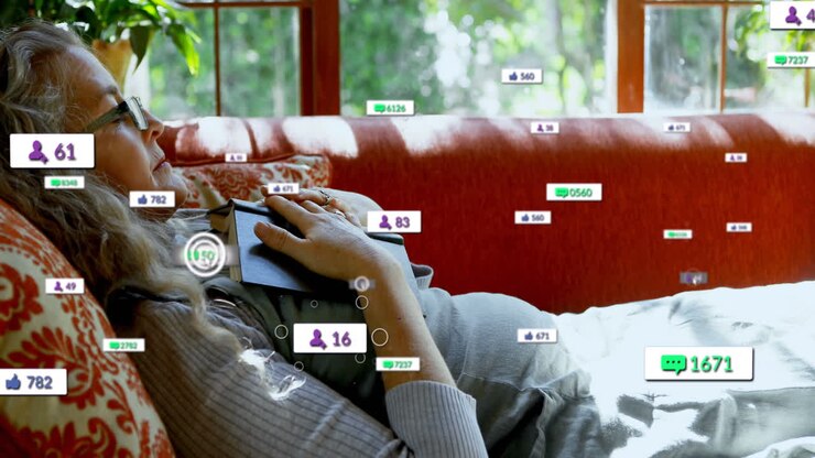 Animation of social media icons over caucasian senior woman with a book lying on the couch at home