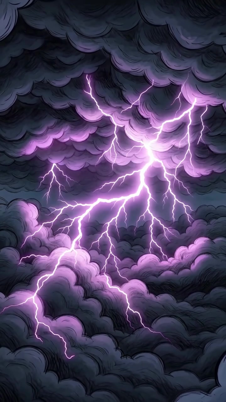 Un fulmine brillante illumina nuvole strutturate mentre schemi elettrici si muovono attraverso il cielo tempestoso, mostrando luce mutevole, ombre profonde e un'ampia composizione con toni viola drammatici e un'atmosfera meteorologica naturale.