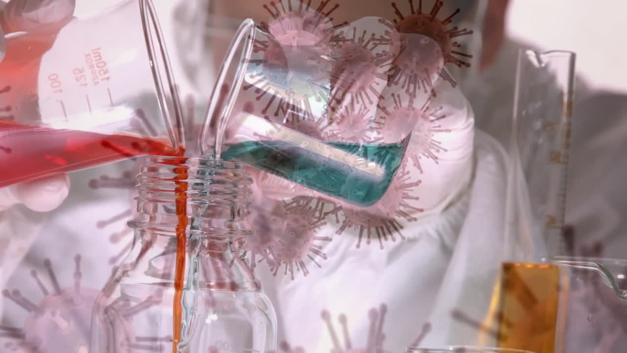 animación de células de virus sobre científica caucásica que trabaja en el laboratorio