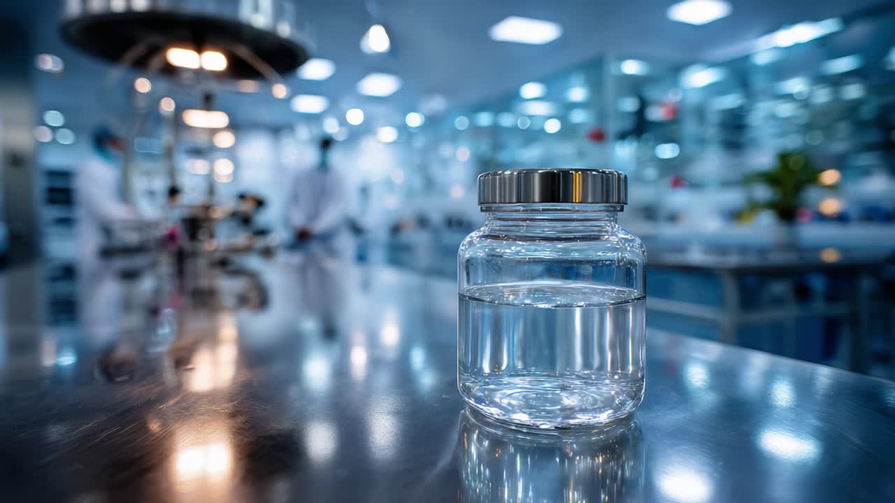 Un barattolo trasparente d'acqua su un tavolo da laboratorio circondato da professionisti del settore medico in un ambiente di ricerca moderno con attrezzature e tecnologie avanzate