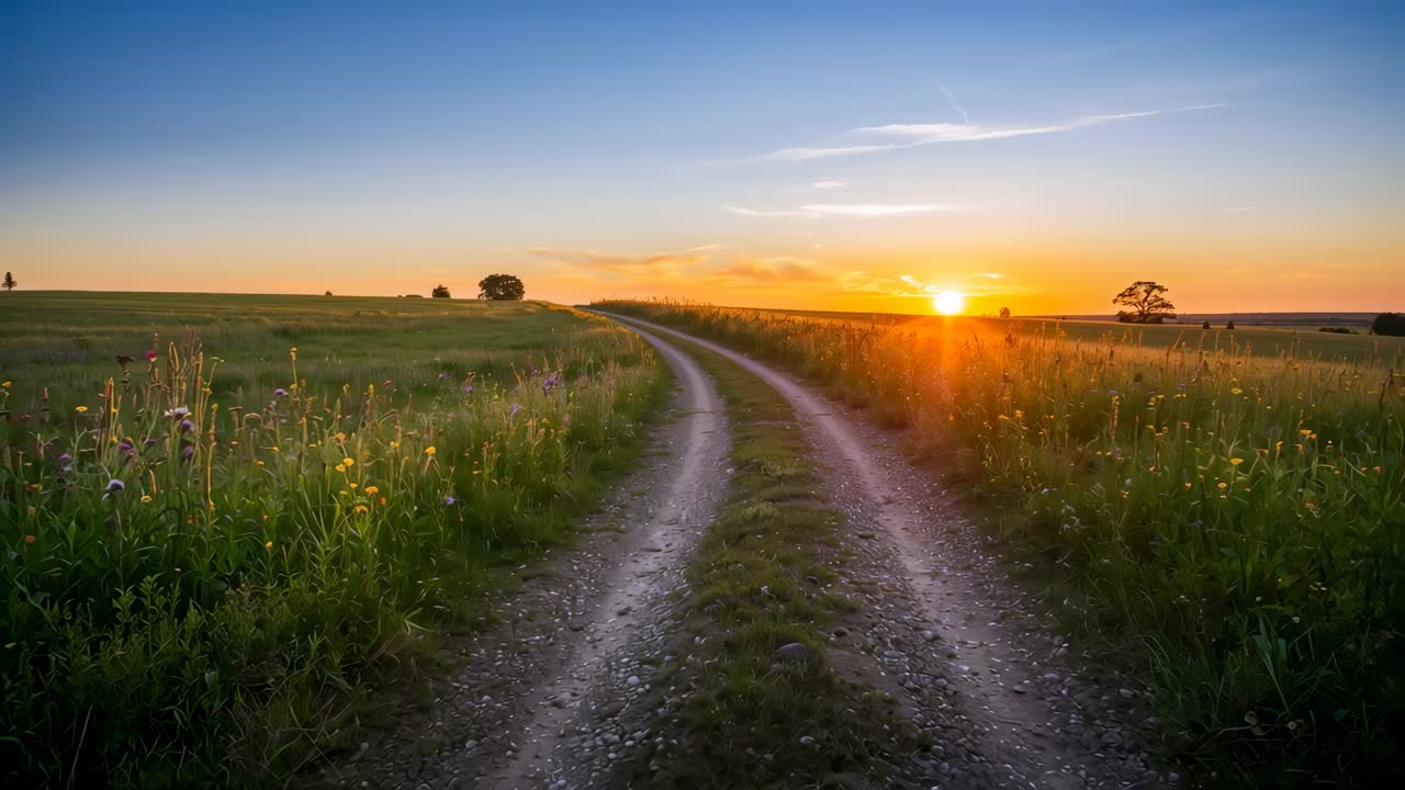 Sol se movendo em direção ao horizonte, emitindo uma luz quente sobre uma estrada de terra rural com duas trilhas, flores silvestres brilhando