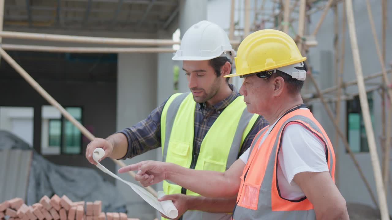 ingeniero civil o arquitecto masculino profesional, inspector con contratista, capataz o trabajador. mientras mira el plan de diseño, inspecciona, discute el proyecto de construcción de la reunión y señala el sitio de construcción.