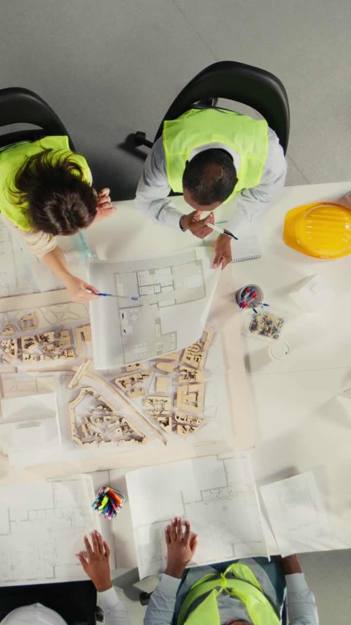 Video verticale. Vista dall'alto con zoom sui colleghi del settore architettura che lavorano insieme