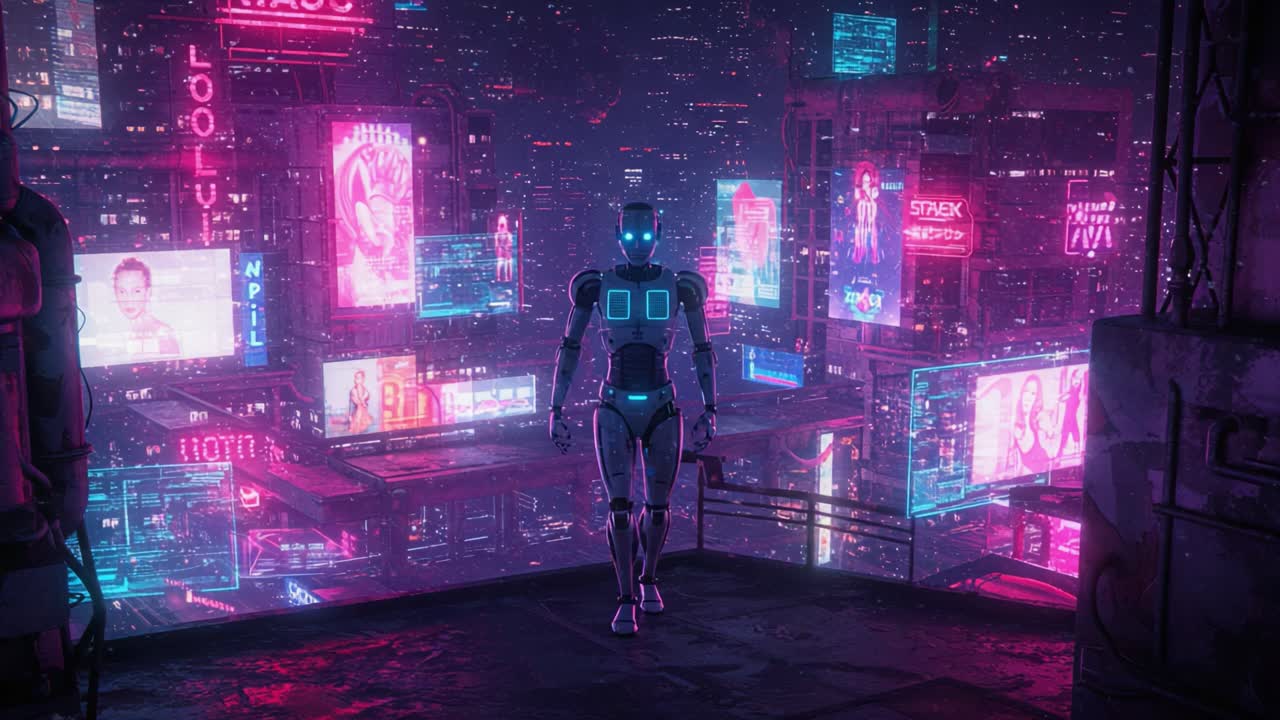 En futuristisk robotfigur står självsäkert mitt i ett pulserande neonstadslandskap fyllt med glödande reklamer och höga skyskrapor, vilket förkroppsligar kärnan i avancerad teknik.
