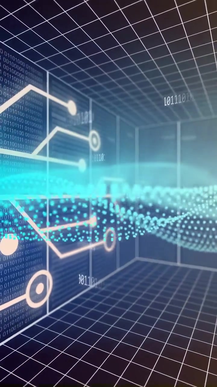 Vertical video: On start cyan dotted wave moving right, making nodes showing data on neon circuit