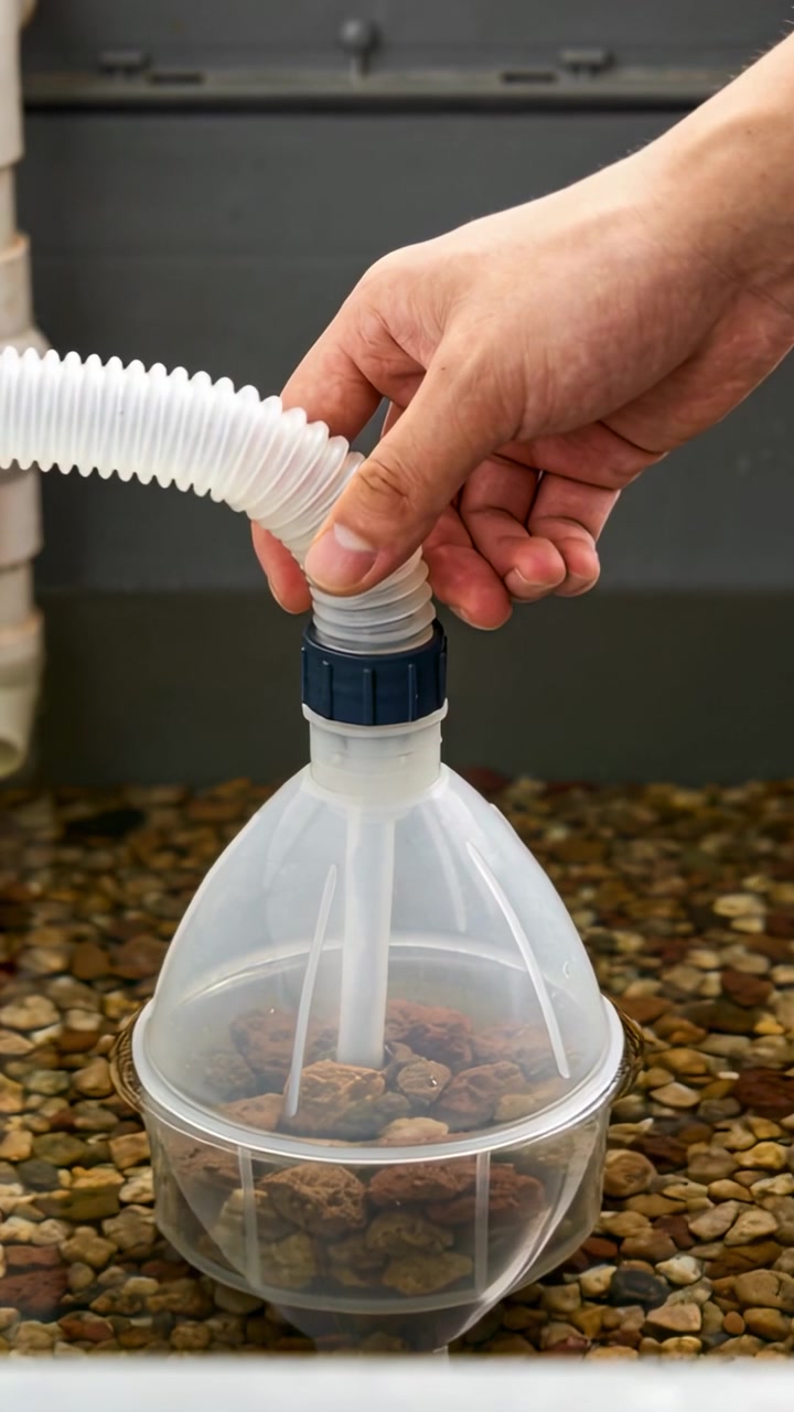 Vertical video: Adjusting hand grip guiding flexible hose to clear funnel on pebbles securing fit