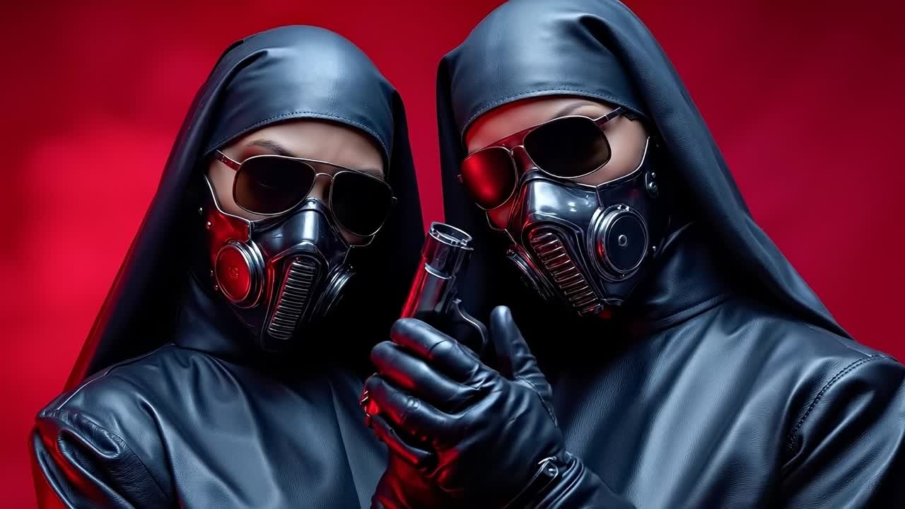 방독면을 쓰고 총을 들고 있는 두 사람