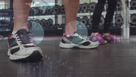 animation of data processing over diverse people exercising in gym