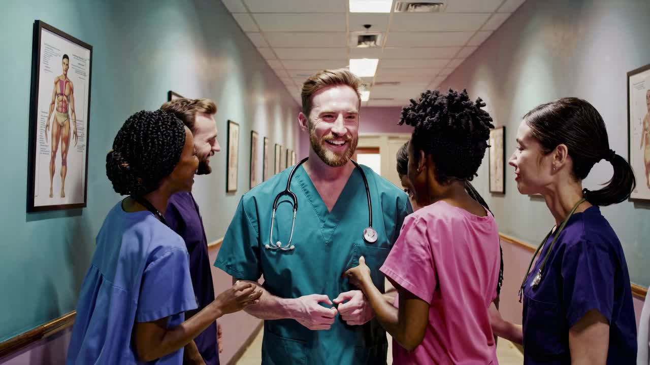 Happy Medical Team in Hospital Corridor