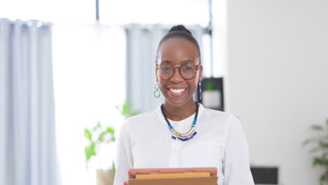 Face,-laughing-and-black-woman-with-tablet