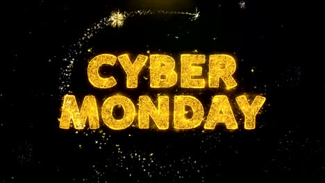 cyber monday text on gold particles fireworks display.
