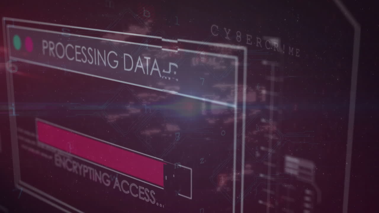 animación de texto y procesamiento de datos sobre fondo oscuro
