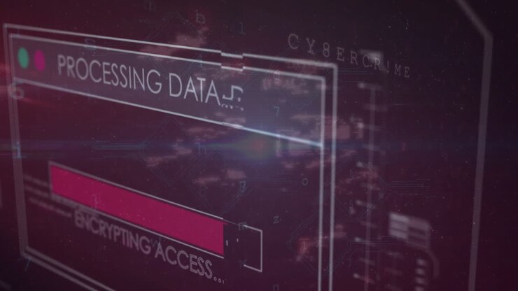 Animation of text and data processing over dark background