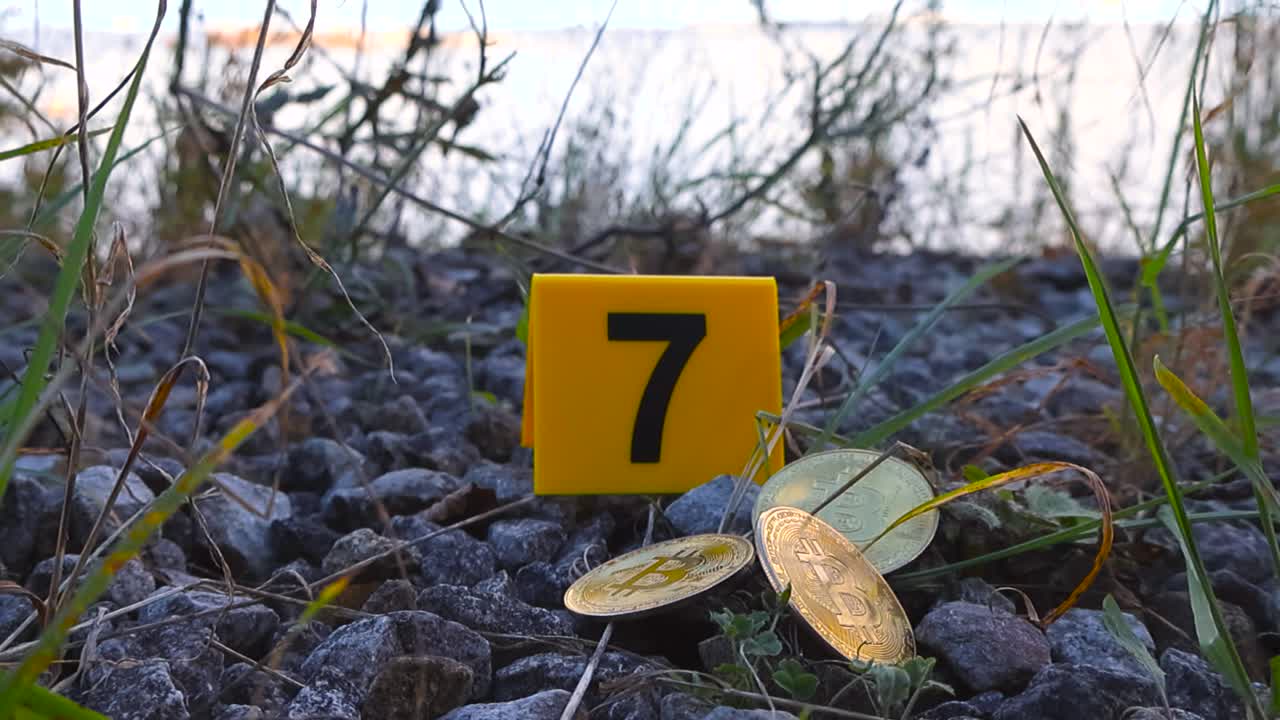 Primo piano di monete Bitcoin luccicanti, dorate e riflettenti, accanto a un segnale di crimine numerato e colorato di giallo che indica che è stato commesso un reato finanziario. Terreno roccioso ghiaioso all'aperto