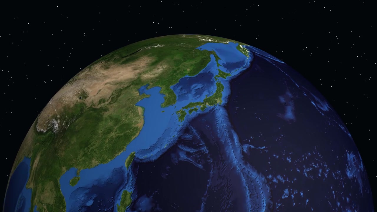 Globe digital berputar dan melakukan zoom dari luar angkasa ke Jeonju, Korea Selatan dengan pop-up data informatif.