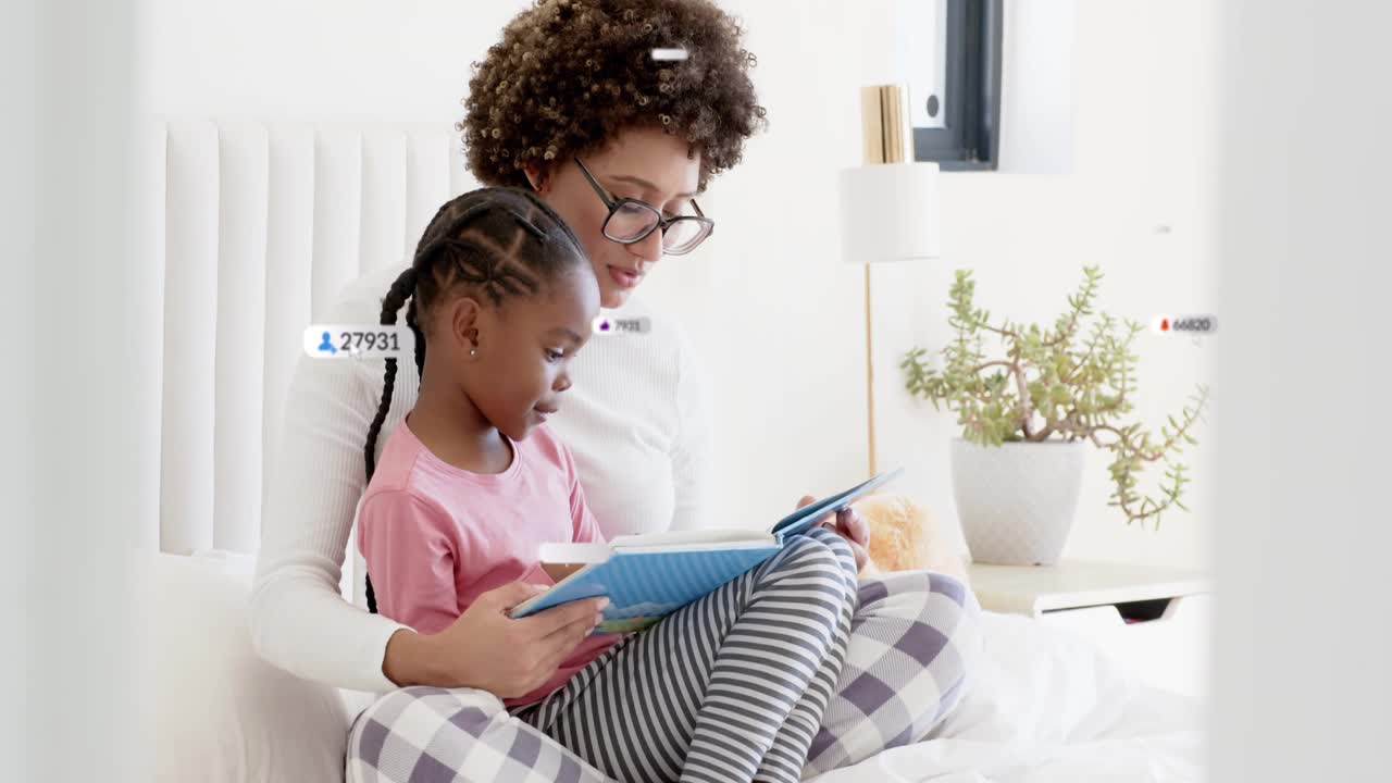 Mother placing child on lap opening book reading badges appearing clustering fading for learning