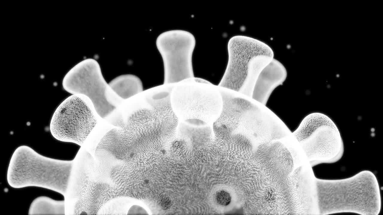 Modello 3D virtuale realistico del coronavirus (COVID-19) in animazione medica. Tecnologia di visualizzazione olografica sullo schermo. I virus si diffondono in tutto il mondo. Crisi e perdite dovute all'epidemia del virus