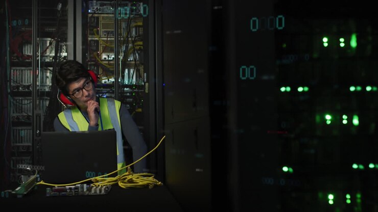 Animation of data processing over asian male it engineer and computer servers