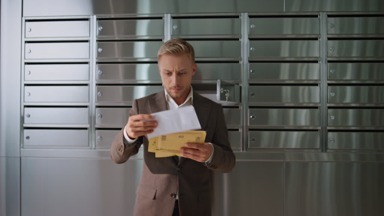 Successful man checking post in office building. Handsome guy looking letters