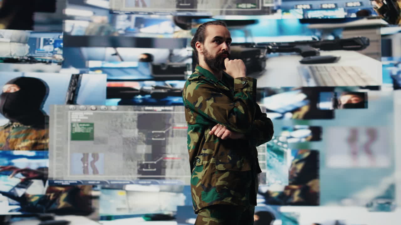 Military personnel examines data from satellite and creates tactical operations