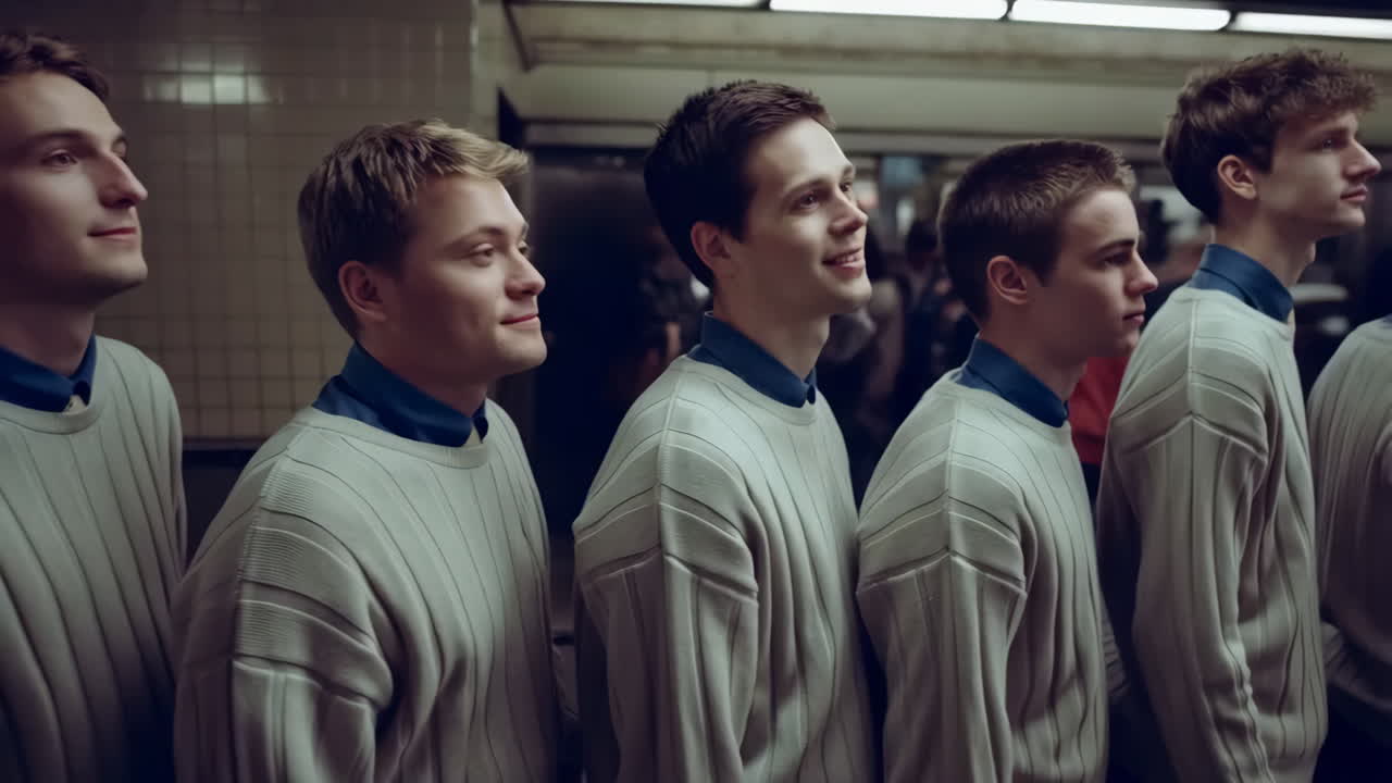 Line of Identical Young Men in Uniform Sweaters