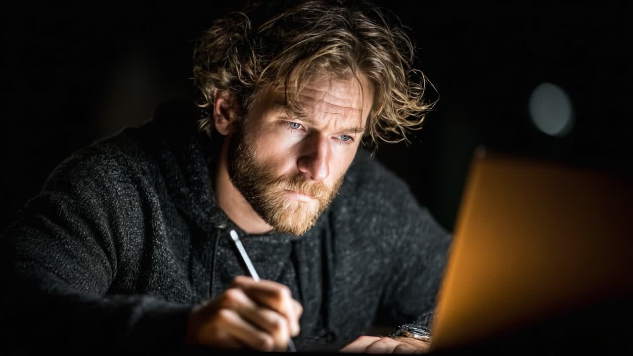 A Focused Individual Engaged in Thoughtful Creation While Writing at a Laptop in Dim Lighting, Capturing the Essence of Concentration and Inspired Productivity
