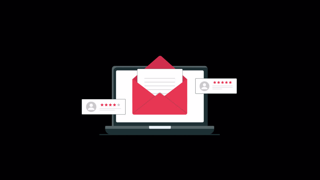 Laptop animato che visualizza email, recensioni e valutazioni a stelle