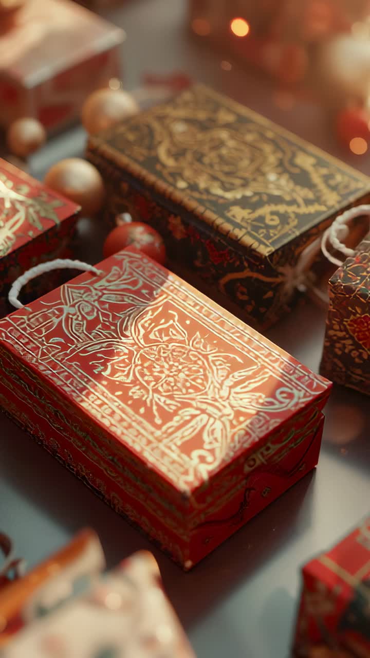 Vertical video: Panning camera across gift boxes showing gold ornaments, braided cords on tabletop