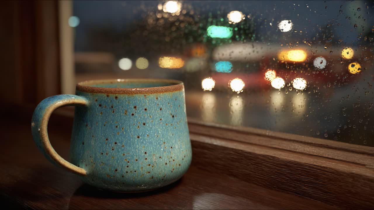 Un momento accogliente: una tazza blu splendidamente realizzata accanto alla finestra, incorniciata da gocce di pioggia e luci sfocate della città, che crea un'atmosfera calda e invitante