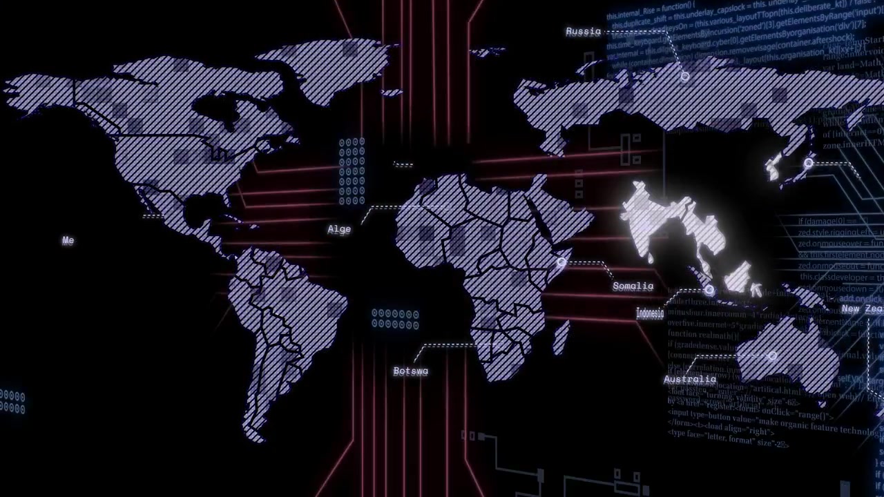 Camera panning purple map lighting nations circuits sliding labels popping showing data flow