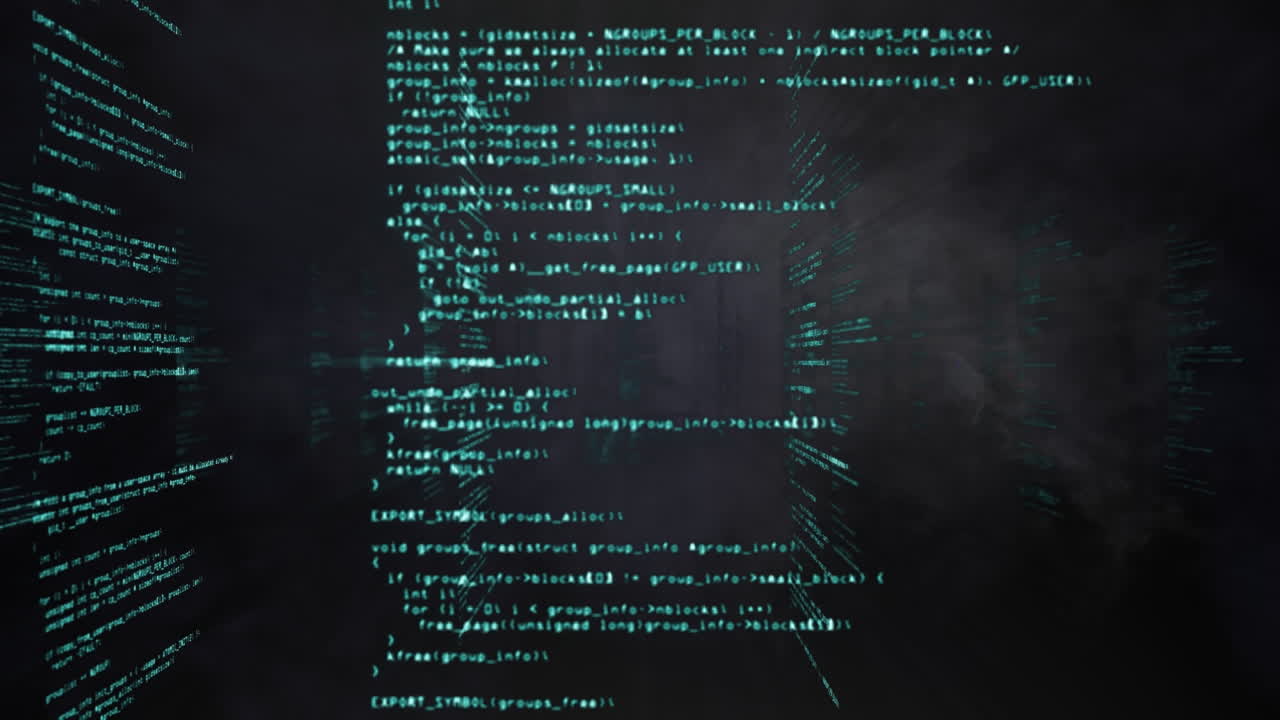 Blue smoke effect over multiple screens with data processing against black background