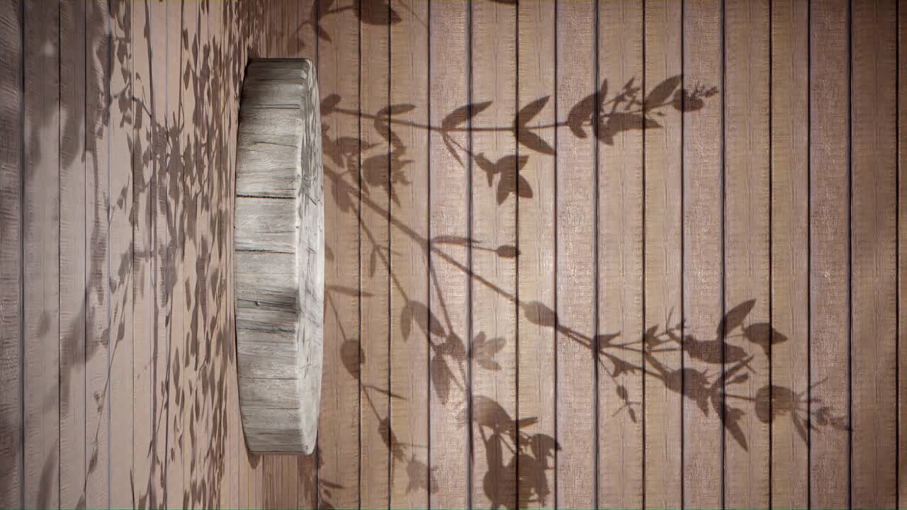 podio de madera vacío en un fondo de madera rústica con sombras de plantas