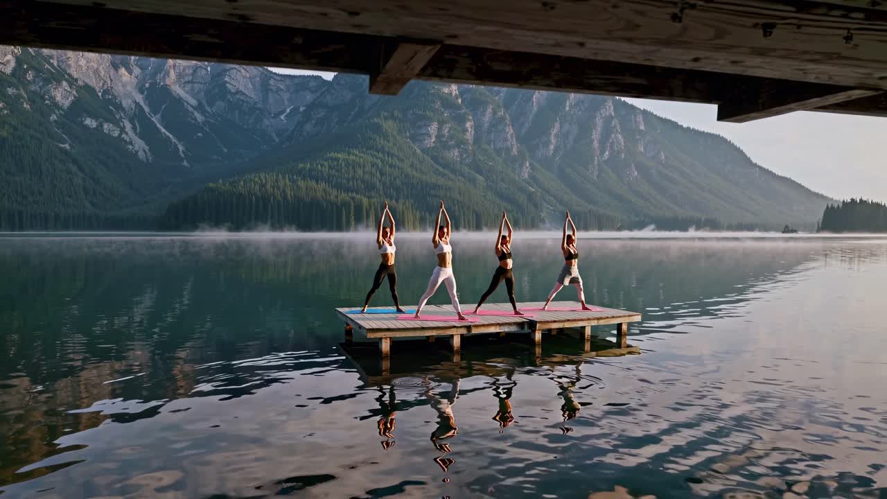 Aerial video captures a group practicing yoga on a floating platform in a serene lake